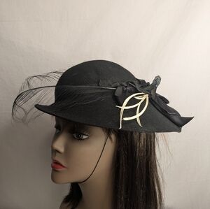 Vintage Women's Black Wool Hat Feathers Bows Bird Lancaster USA